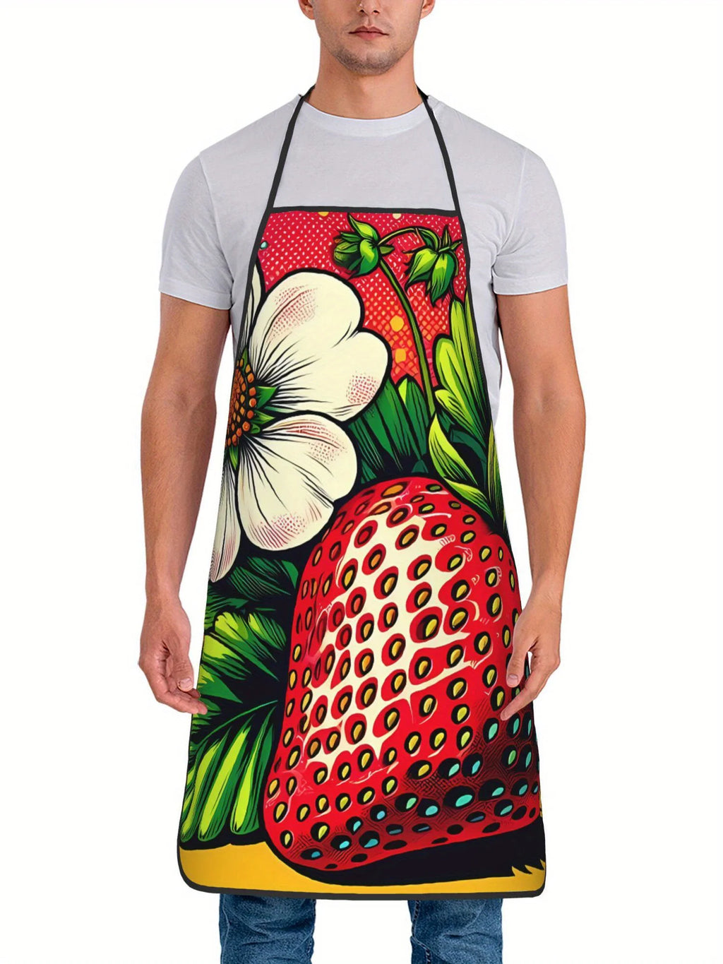 Strawberry Pop Art Apron Bold Color Fruit Kitchen Cooking Baking Gift For Women Summer Chef Wear Graphic Illustration Design