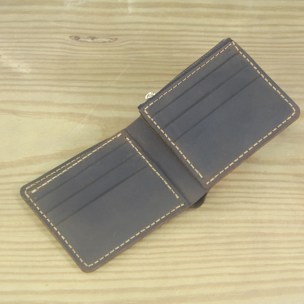 Luxury Handmade Genuine Leather Men Wallet Bifold Purse Male Wallets Short Money Clip Vintage Leather Money Bag with zip pocket