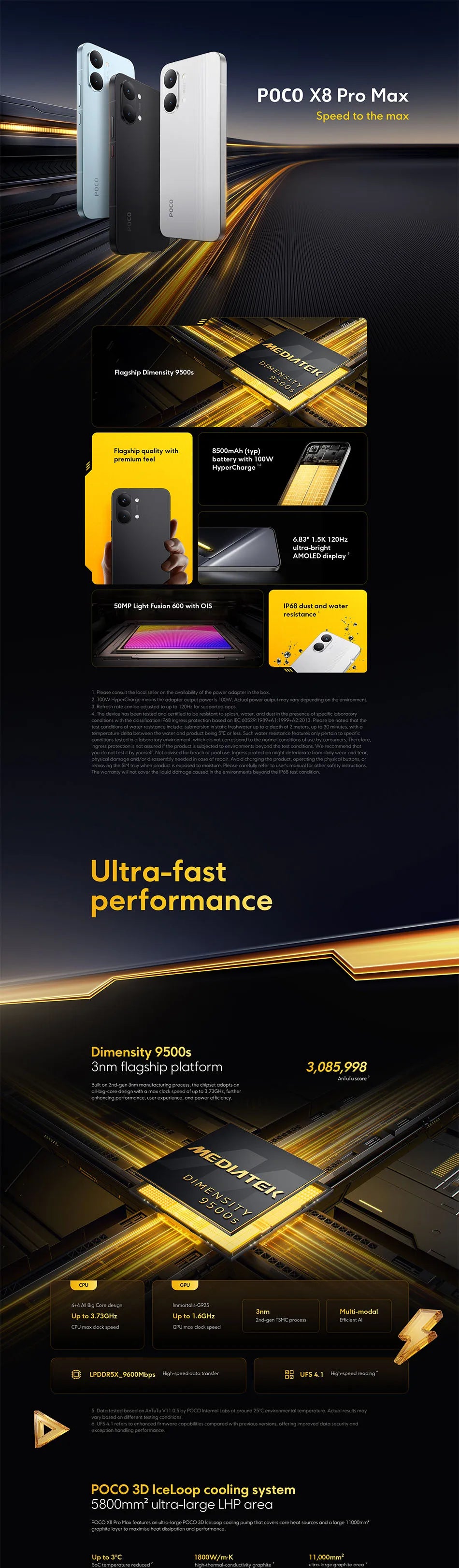 Global Version POCO X8 Pro Max Dimensity 9500s Smartphone 8500mAh (typ) 100W HyperCharge 6.83" 1.5K 120Hz IP68 POCO Cellphone