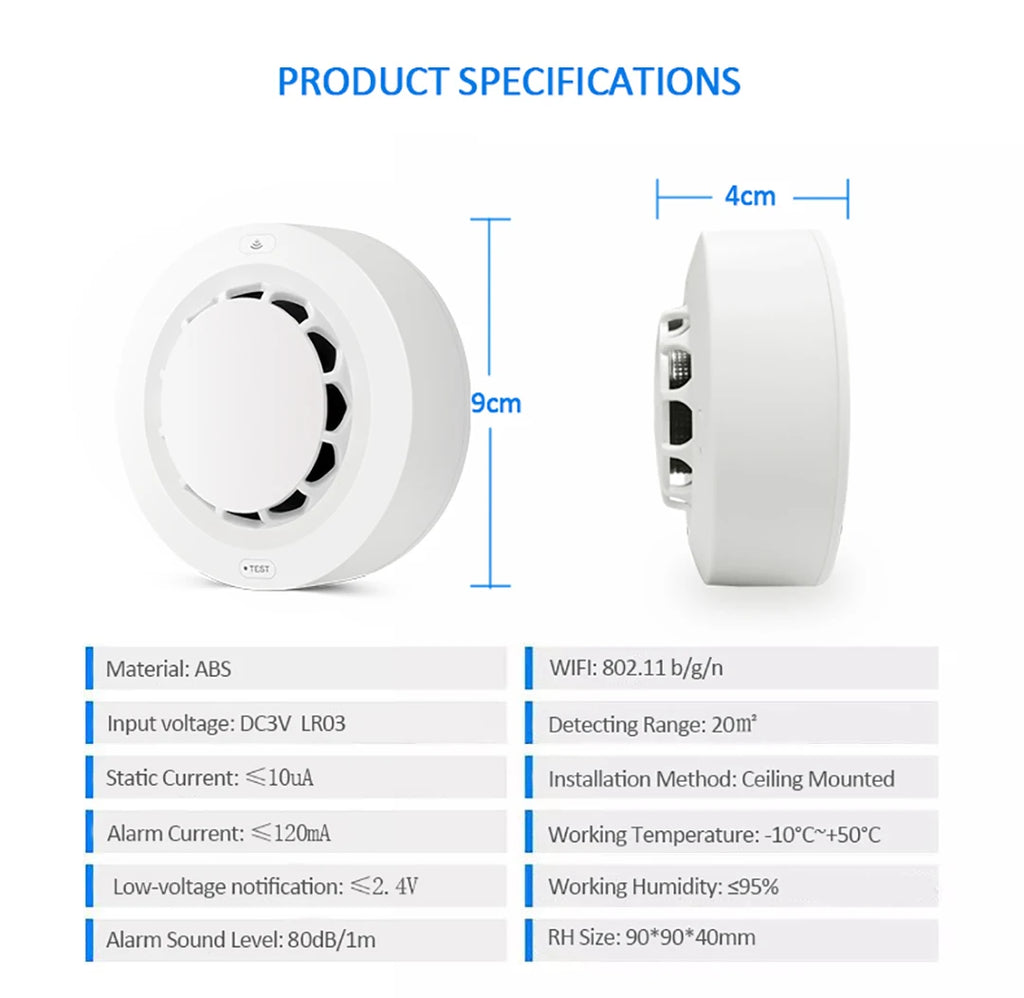 WiFi Smoke Sensor Tuya Smoke Detector Photoelectric Sensor Fire Alarm Home Kitchen Security System Work With Smart Life APP