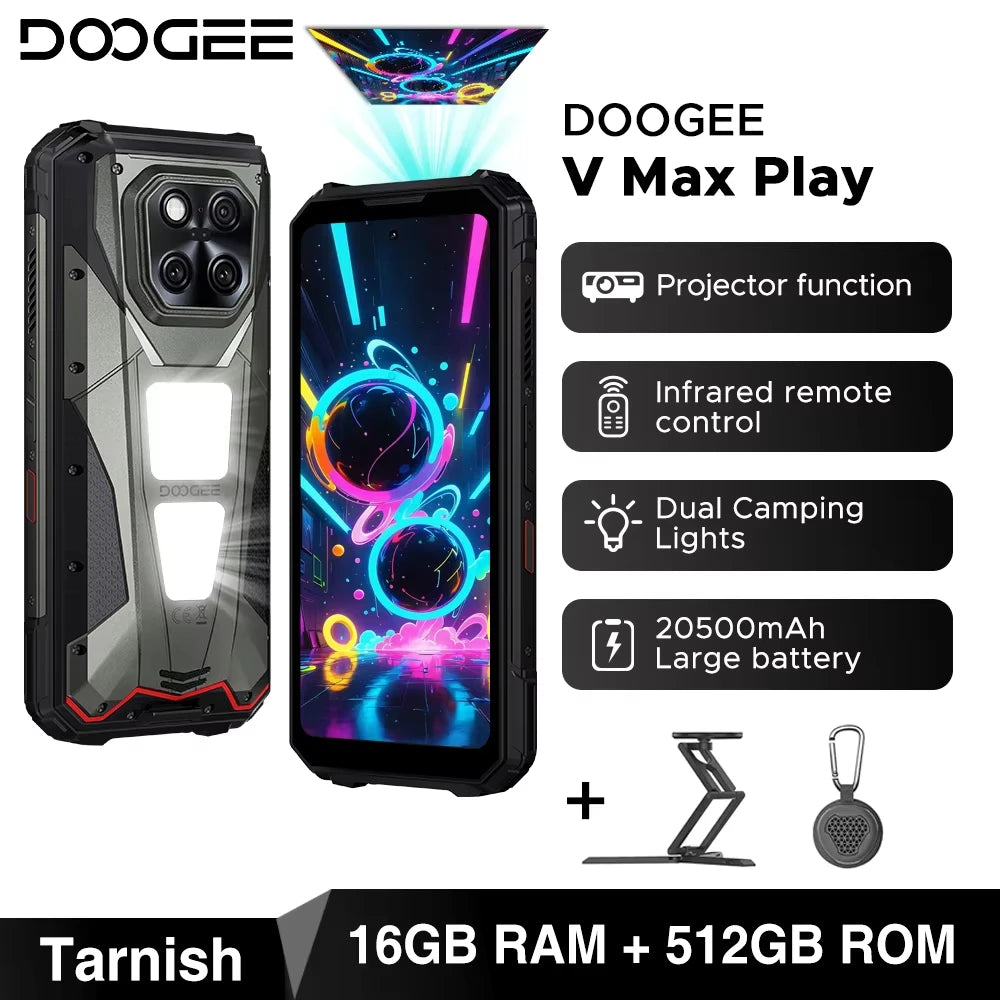 DOOGEE V Max Play 5G Rugged Phone Projector Function Dual Camping Lights 6.78'' Display 20500mAh Battery 16GB 512GB Smartphone