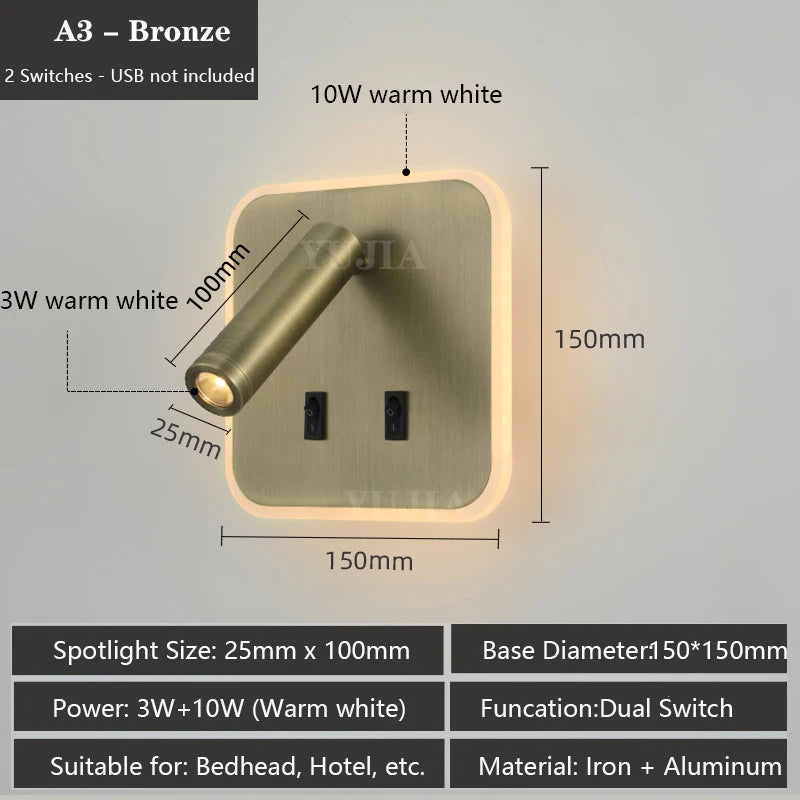 Contemporary Multifunctional LED Wall Sconce with Switch Modern Adjustable Reading Lamp USB Charging Ports for Bedrooms Offices