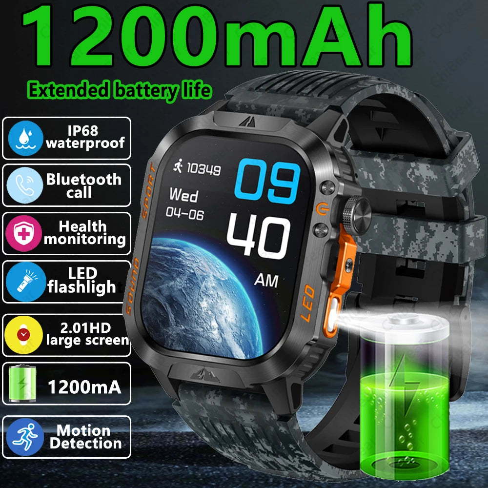 2026 New Outdoor Military Smart Watch 1200mAh Battery GPS HD Call Health Monitoring 2.01-inch Waterproof Sports Smartwatch Men