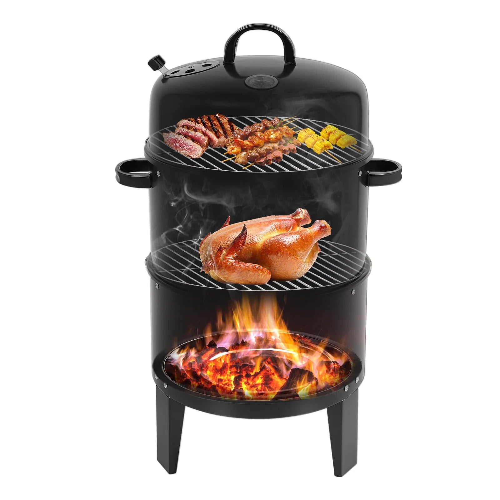 84cm Barrel Style Charcoal BBQ Smoker Grill, Built-in Thermometer Outdoor Smoking Oven, Ideal for Grilling Meat,Chicken Wings