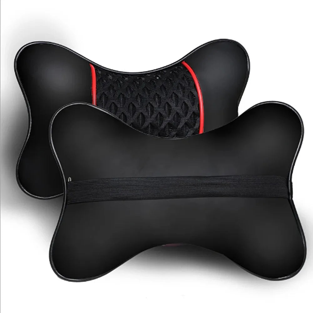 2Pcs PU Leather Knitted Car Pillows Headrest Neck Rest Cushion Support Seat Accessories Auto Black Safety Pillow Universal Decor