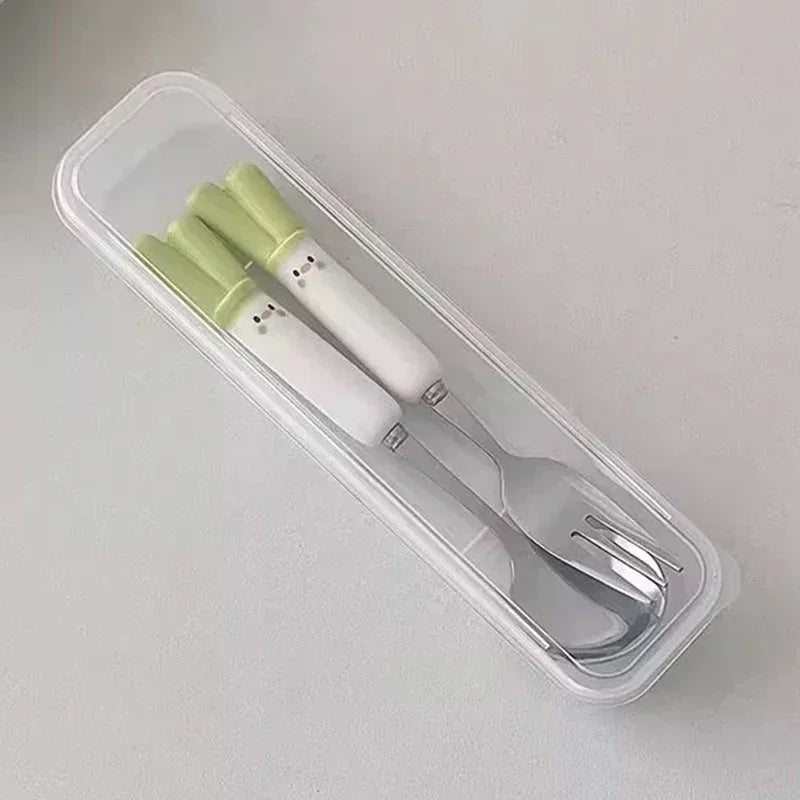 Children Cartoon Animals Cutlery Stainless Steel Spoon Fork Set Portable Outdoor Lunch Tableware with Box Kitchen Accessories