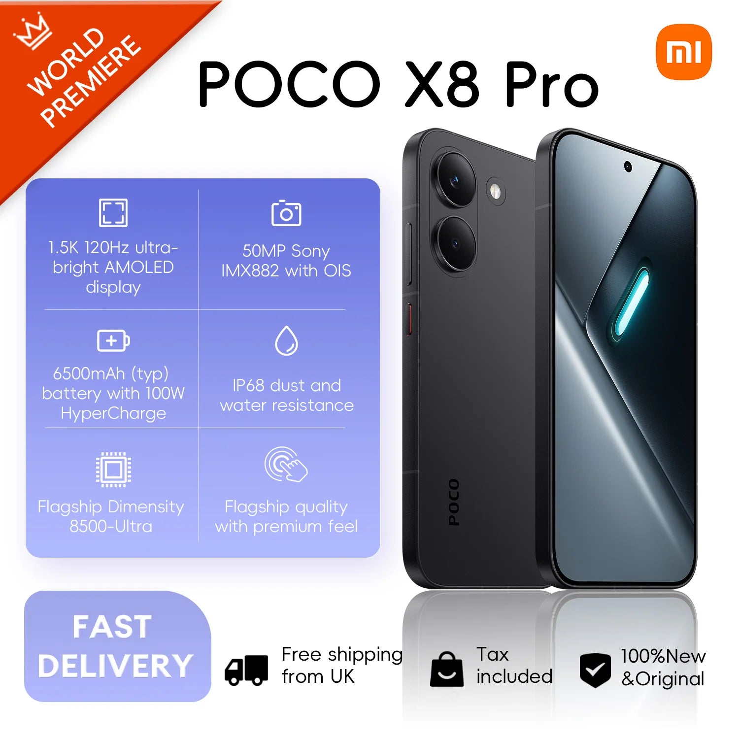 POCO X8 Pro 5G 12+512GB Global Version 6.59" 1.5K 120Hz Display Dimensity 8500-Ultra 50MP Camera 6500mAh 100W HyperCharge IP68