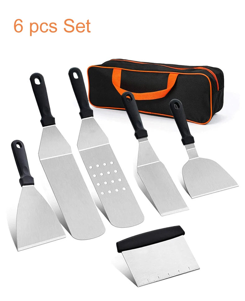 Onilini Griddle Accessories Kit BBQ Tools 6 Pieces Set Stainless Steel Spatulas with Carry Bag Scraper for Outdoor Barbecue