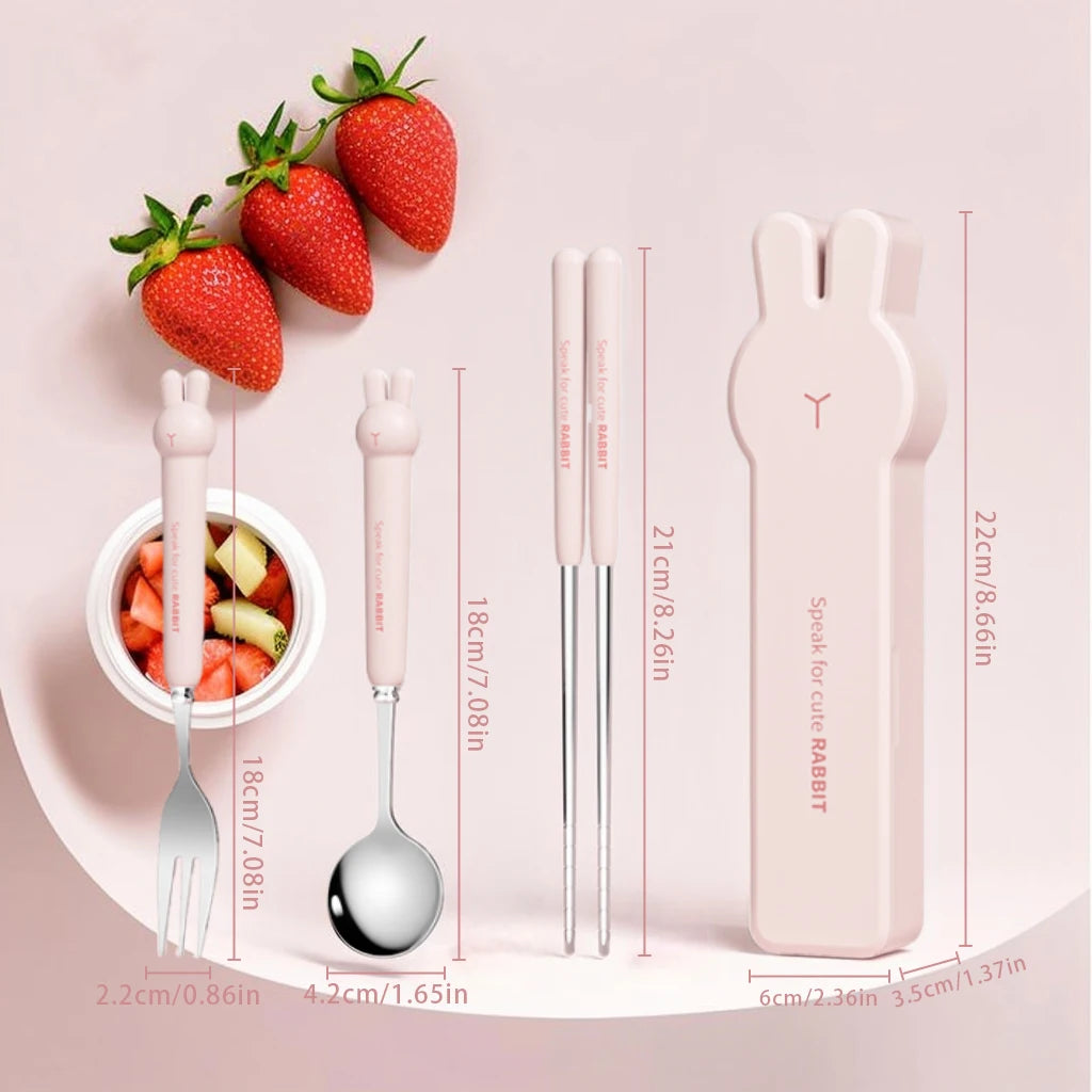 WORTHBUY 3/4PCS Cute Portable Dinnerware Set Reusable 304 Stainless Steel Fork Spoon Chopsticks With Box Cutlery For Kid Student