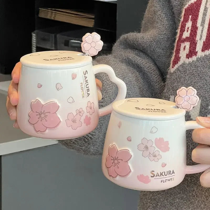 New High Beauty Mug with Lid Spoon Sakura Powder Household Lovely Breakfast Lovers Milk Coffee Mug Ceramic Mug