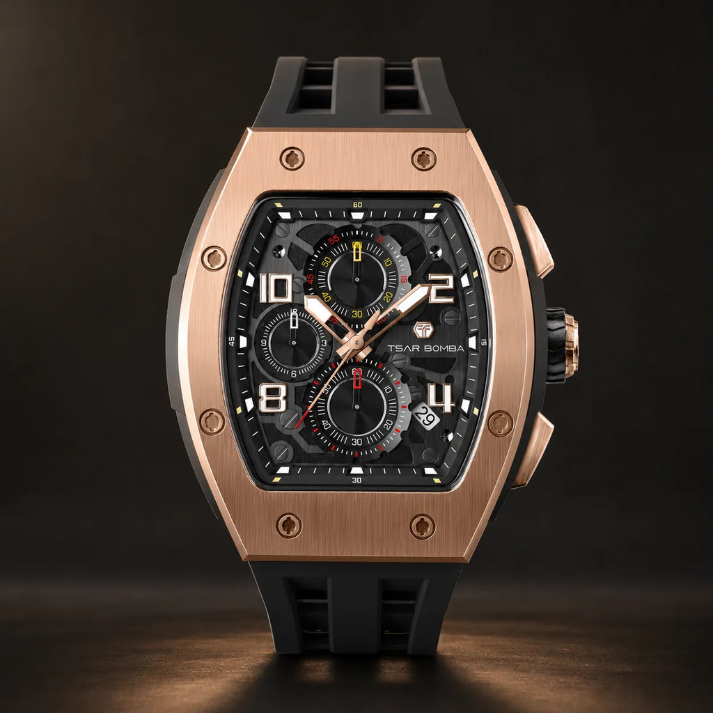 TSAR BOMBA Men's Luxury Quartz Watch, Sapphire Crystal, Chronograph, 5ATM Water Resistant, Rose Gold Business Fashion Wristwatch