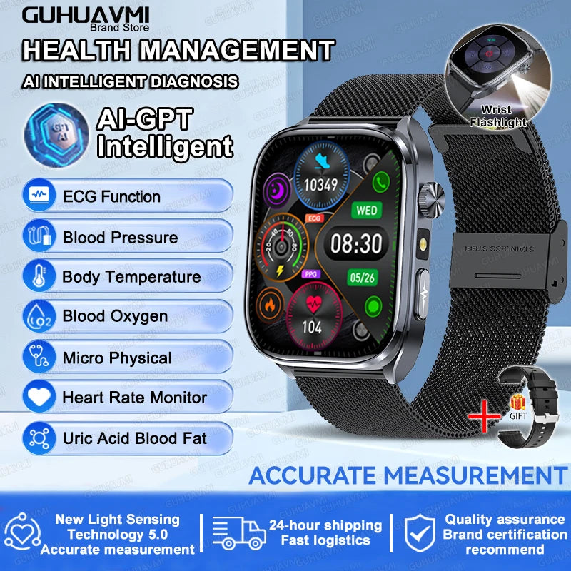 2026New Accurate Diagnosis Smart Watch ECG Blood Oxygen BP Uric Acid Lipids HD AMOLED Screen BT Call Health Smartwatch Men Women