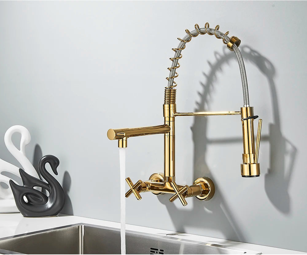 Gold Black Kitchen Faucet Wall Mount Pull Down Tap Vessel Sink Hot Cold Water Mixer Tap Spring Dual Swivel Spouts Sink Crane