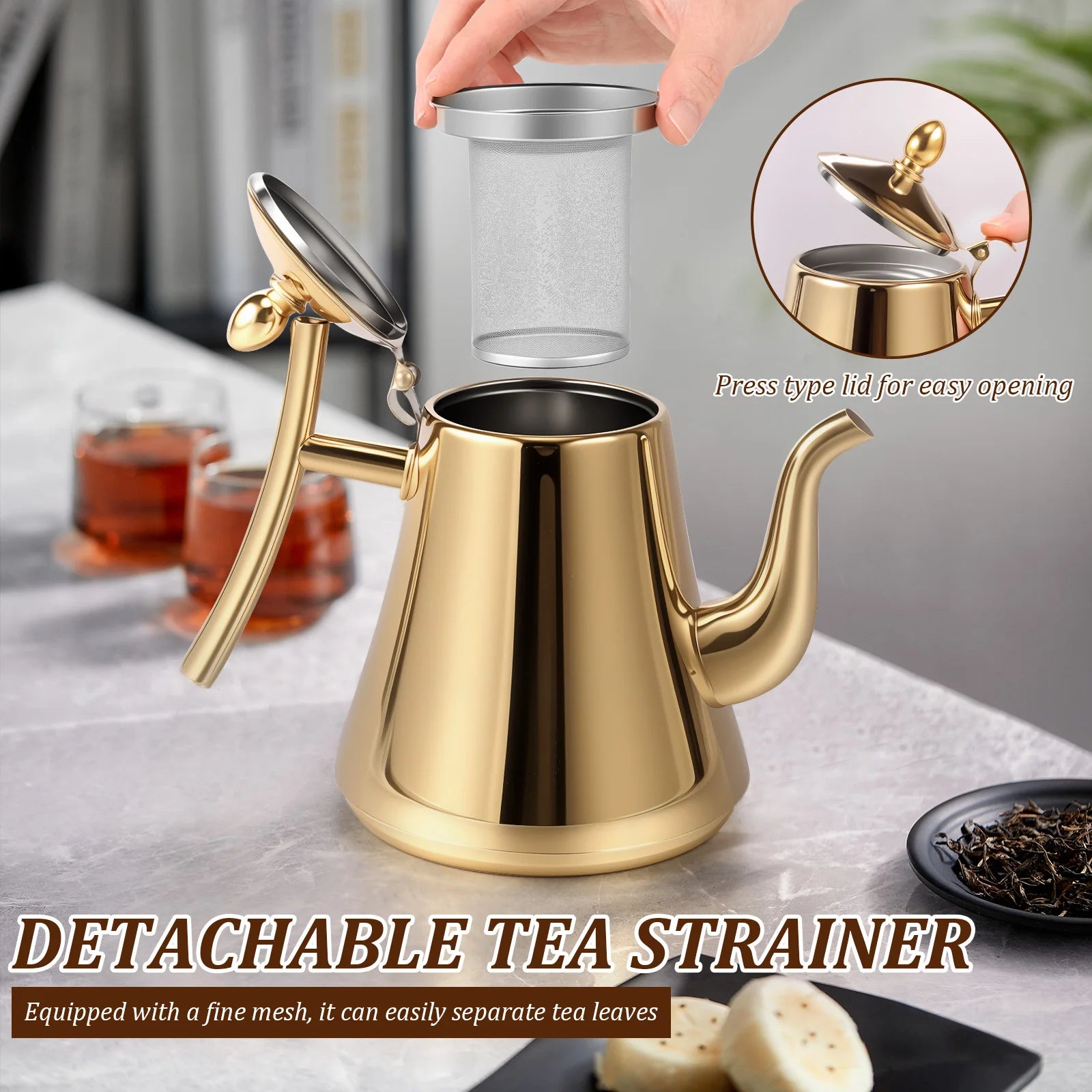 2L Stainless Steel Tea Pot Large Capacity Tea Kettle with Removable Strainer Induction Cookers Gas Stoves Water Pot Drinkware