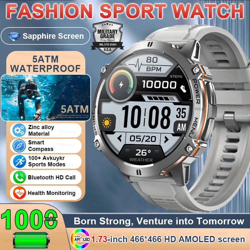 2025 New Military TREX3 1000mAh Battery Smart Watch 1.73-inch Screen 5ATM Waterproof GPS Altimeter Bluetooth Call Men Smartwatch