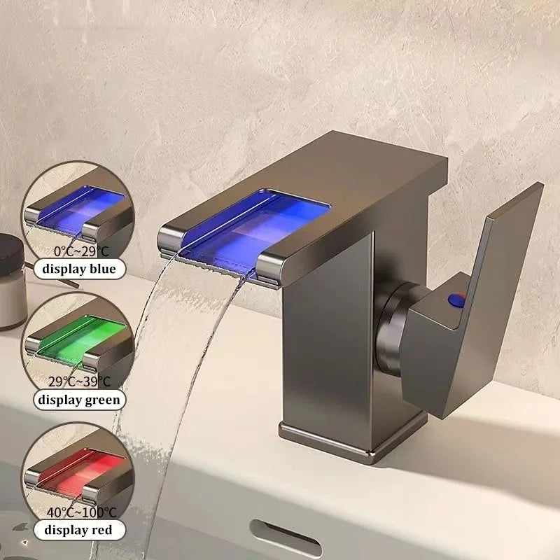 Basin Waterfall Style All-copper LED Light Luminous Faucet Bathroom Above Counter Basin Household Hot and Cold Water Faucet