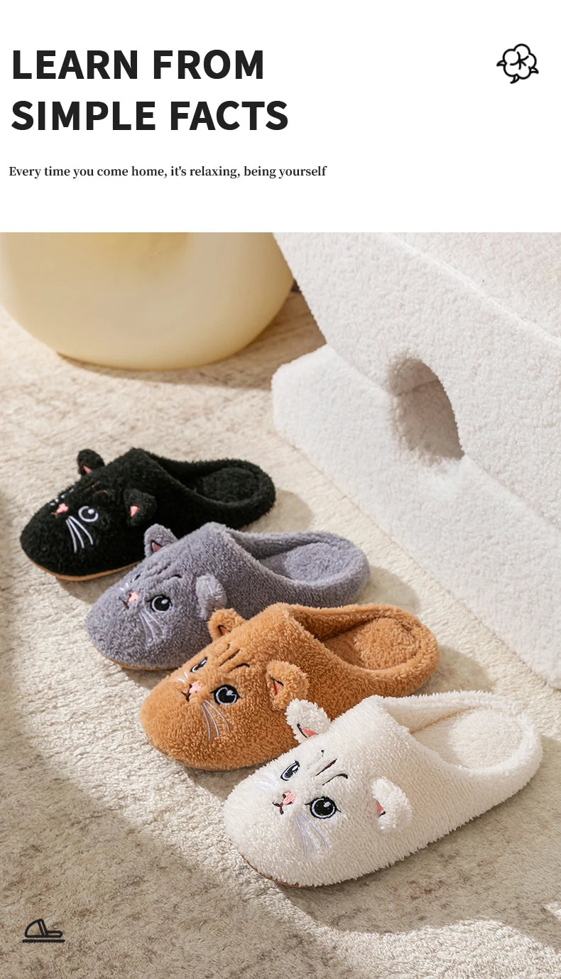 Cute Cat Design Plush Ladies Slippers Autumn And Winter Indoor Floor Non-Slip Soft Bottom Comfortable Warm Home Shoes for Unisex