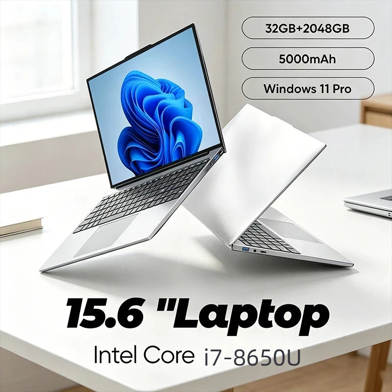 Sturdy 15.6 Inch Laptop Intel i7-8650U Win11 32GB DDR4 2TB SSD Portable Gaming Office Notebook PC