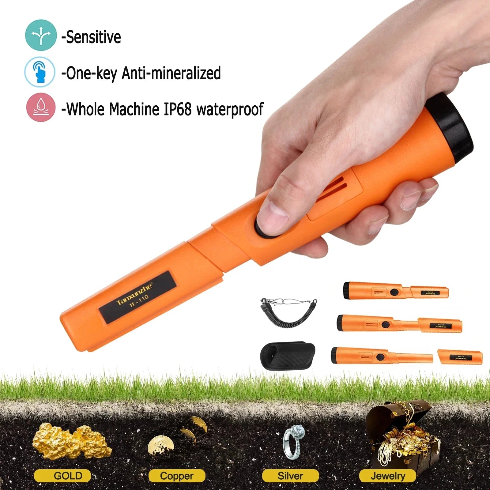 TC-110 Handheld Metal Detector IP68 Waterproof Metal Pinpointing Positioning Rod With Anti-scratch Protection Cover
