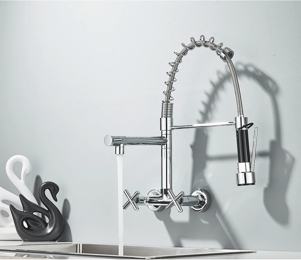 Gold Black Kitchen Faucet Wall Mount Pull Down Tap Vessel Sink Hot Cold Water Mixer Tap Spring Dual Swivel Spouts Sink Crane