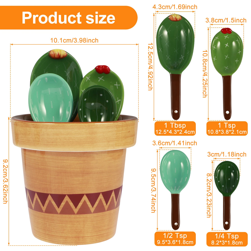 4Pcs Porcelain Measuring Spoons Set with Base Cute Cactus Shape Stirring Soup Spoon Ceramic Flower Pot Measuring Spoon