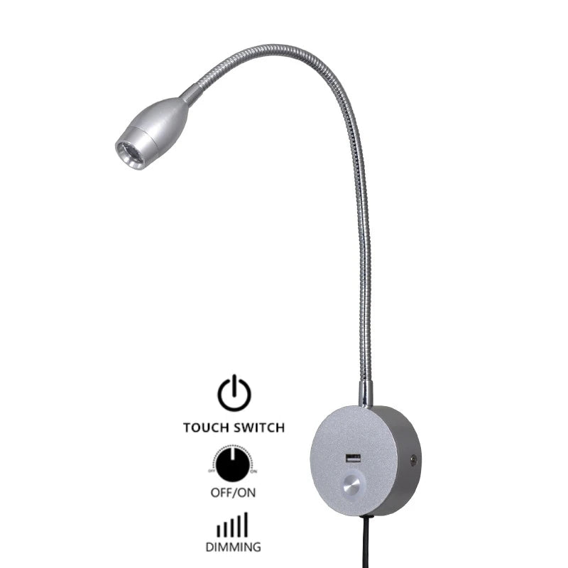 Tokili LED Golden Wall Lamp w/ USB Charger & Touch Dimmer - Bendable Gooseneck Bed Headboard Spotlight Sconce for Reading Lights