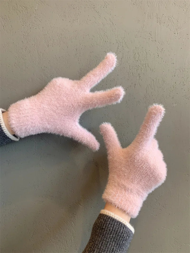 Fashion Winter Mink Velvet Five Finger Gloves Plush Warm Cold-proof Gloves Women Outdoors Cycling Solid Color Wistiti Mittens