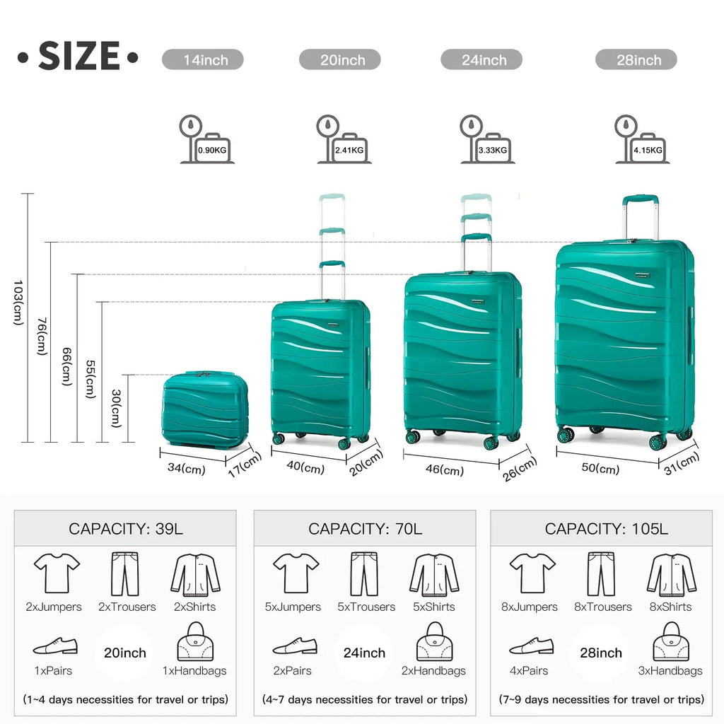 Kono Luggage 4-Piece Lightweight Polypropylene Hard Shell Suitcase Set with TSA Locks & Spinner Wheels - 14"/20"/24"/28"
