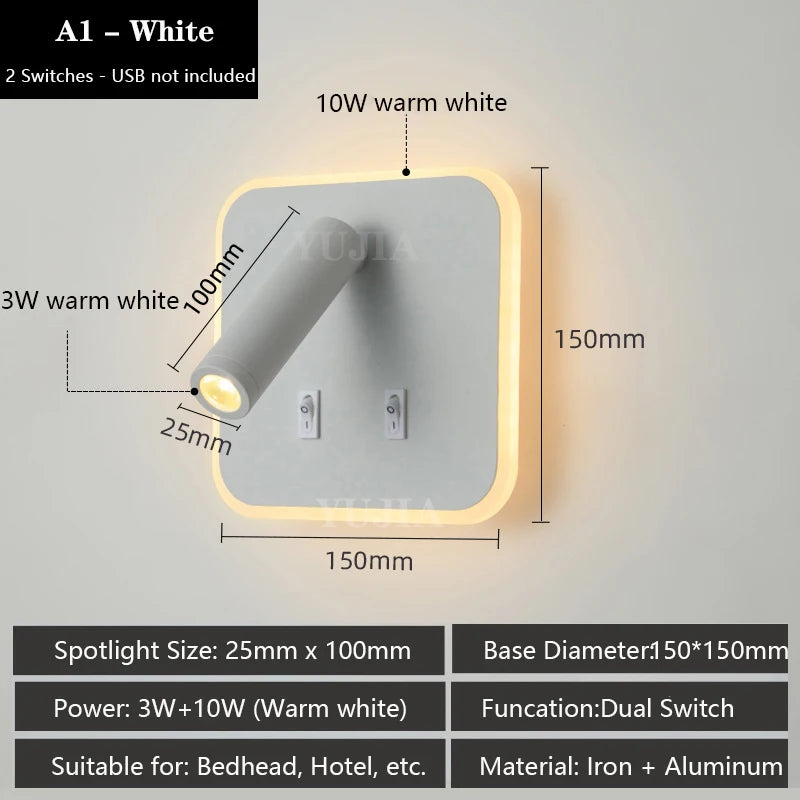 Contemporary Multifunctional LED Wall Sconce with Switch Modern Adjustable Reading Lamp USB Charging Ports for Bedrooms Offices
