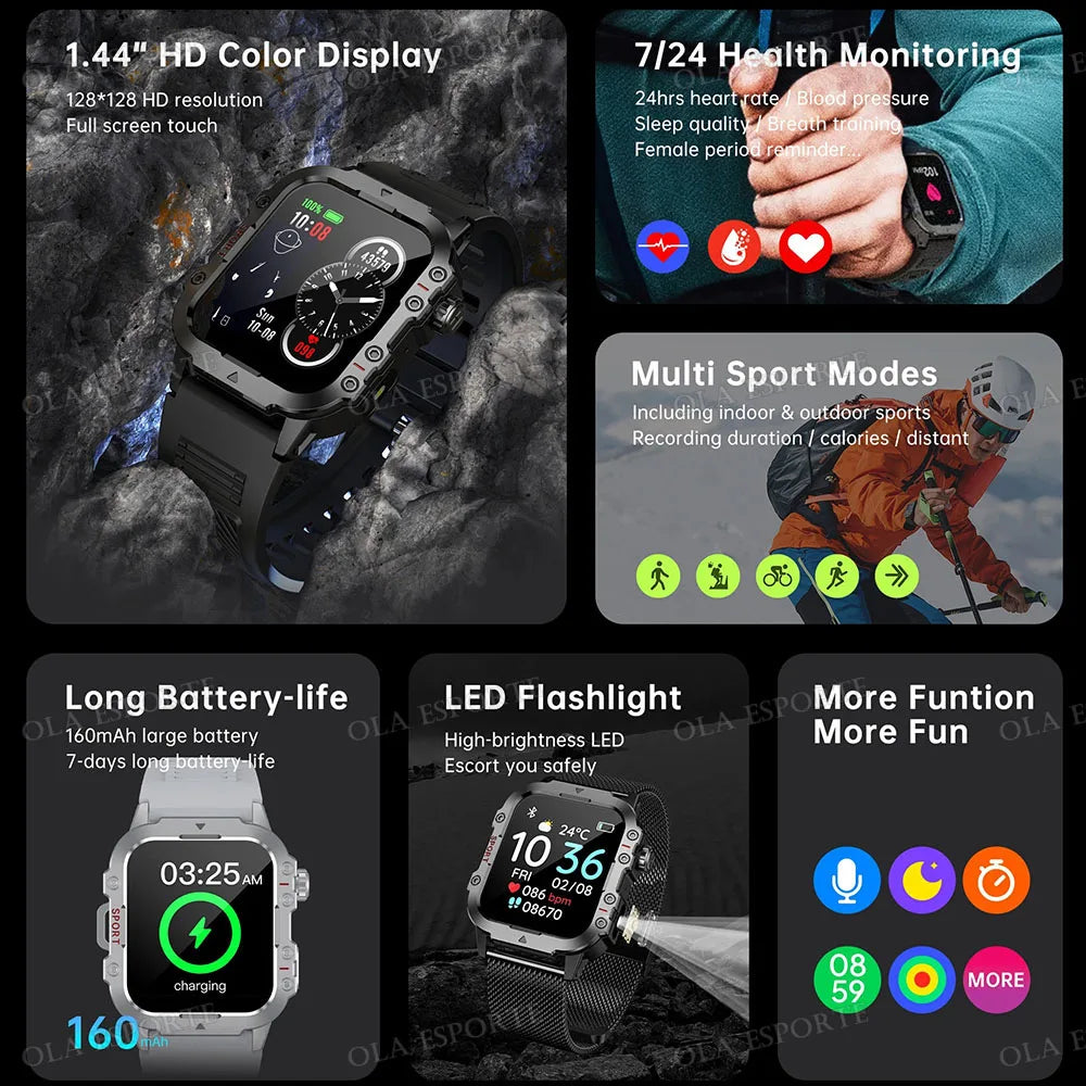 2025 New Flashlight Military Smart Watch Men IP68 5ATM Outdoor Sports Fitness Tracker Health Monitor 1.44Inch BT Call Smartwatch