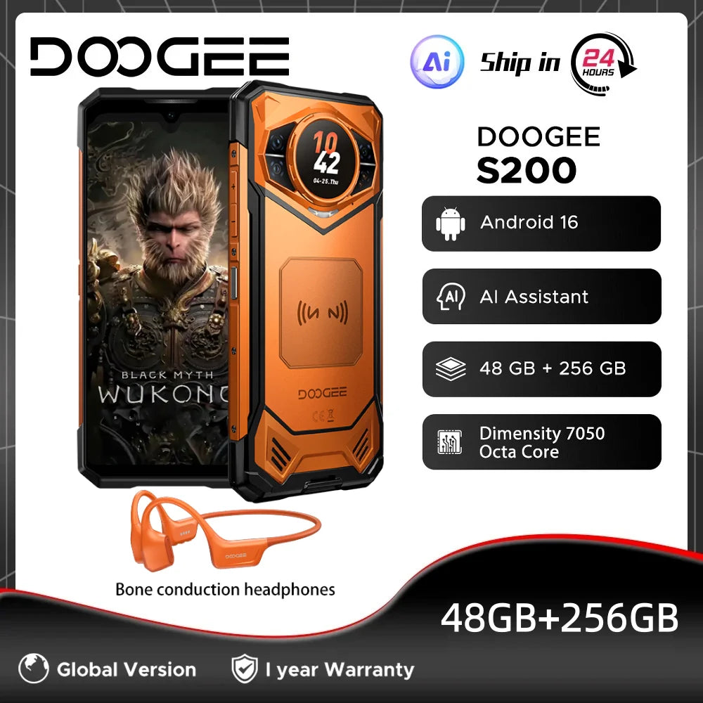 Global Version DOOGEE S200 Rugged Phone 48GB 256GB 6.72" 120Hz 1.32" Rear Display Dimensity 7050 100MP Camera 10100mAh NFC