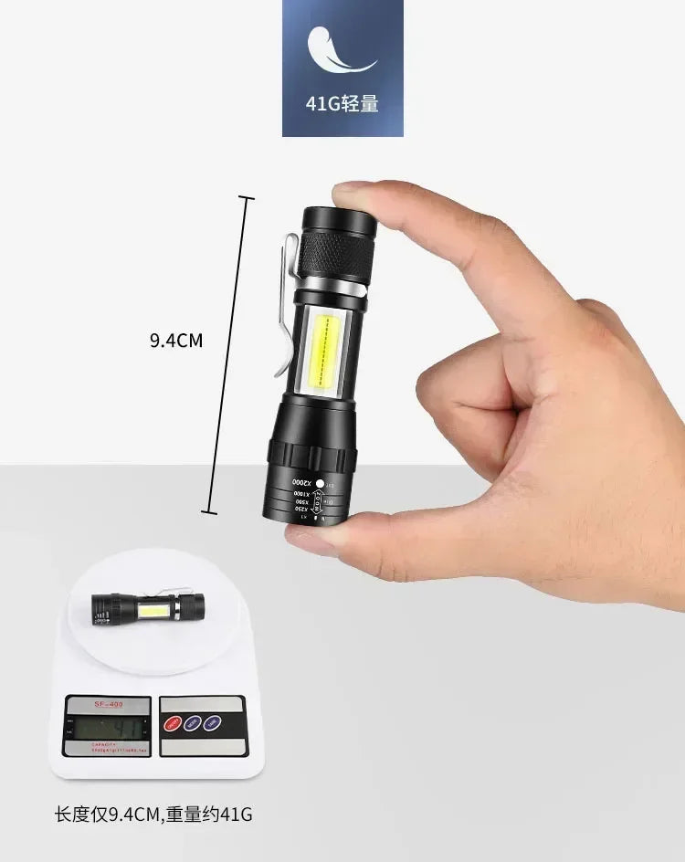 Mini LED Flashlight with Pen Clip Zoomable USB Rechargeable Portable Torch with Side Lights Outdoor Camping Emergency Lantern