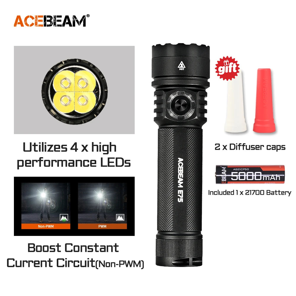 ACEBEAM E75 Quad-Core LED Flashlight USB C Rechargeable Torch With 21700 Battery 4500LM 260M Flashlights Powerful Defense Strobe