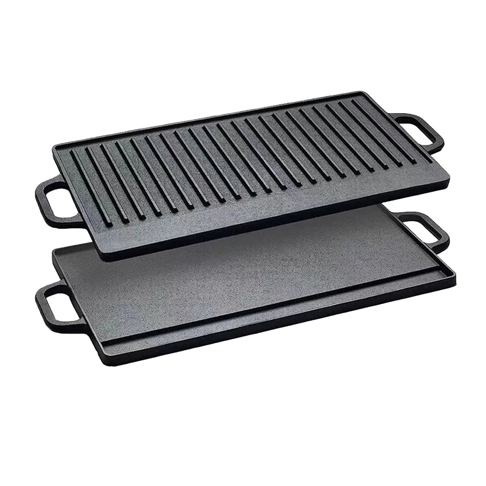 Cast Iron Grill Plate Double Sided Griddle Pan with Double Handles for Steaks Broil Bread Eggs Pancakes Vegetables