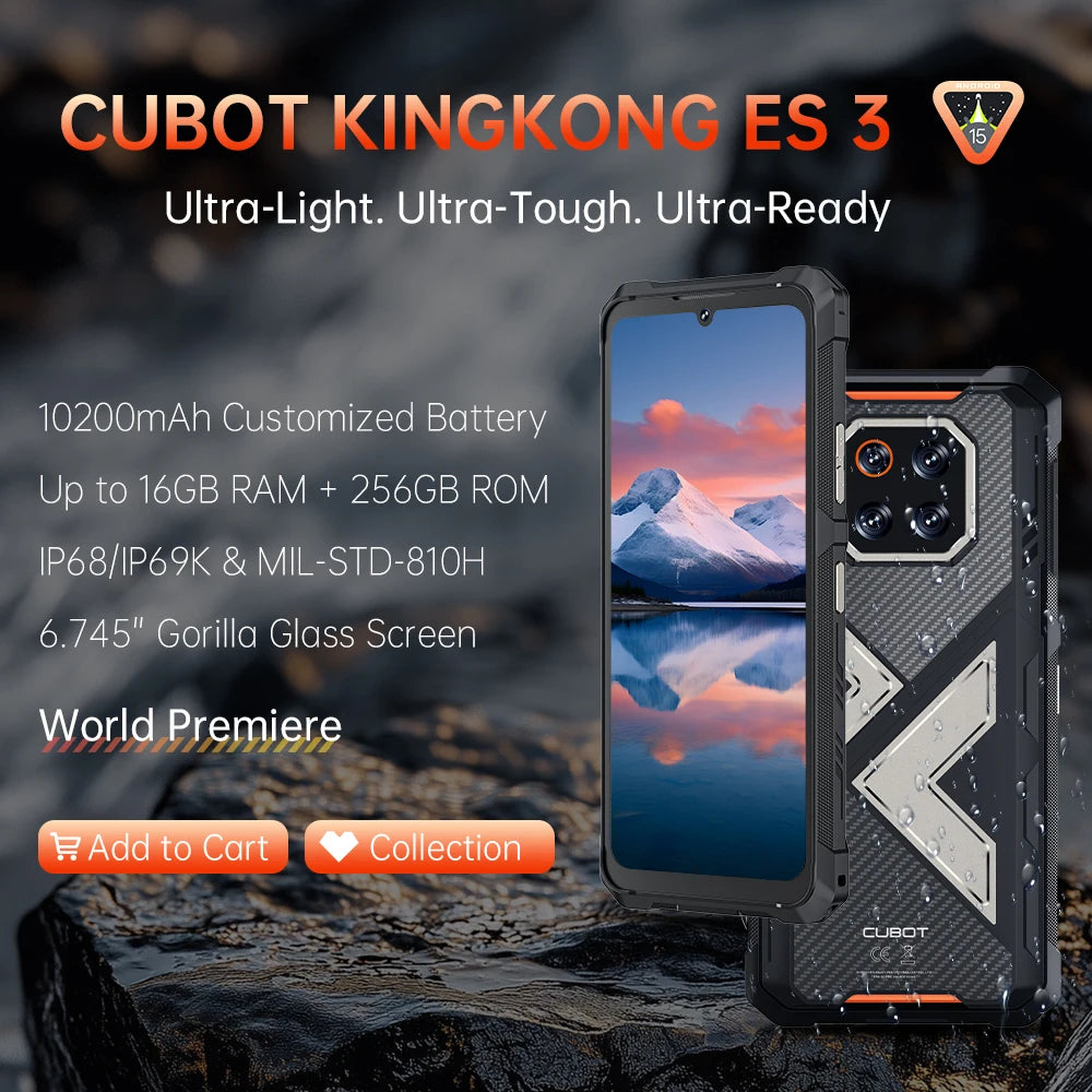 Cubot Rugged Smartphone Android 15 King Kong ES 3, 10200mAh Battery, Up to 16GB+256GB, 6.745" Screen, 120Hz,48MP Camera, NFC,GPS