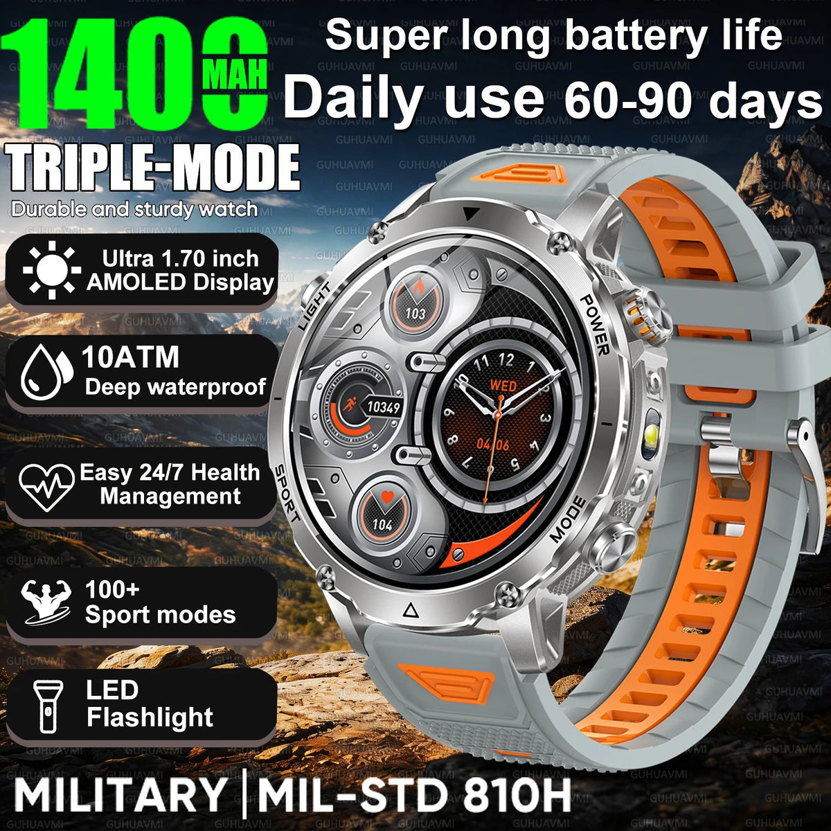2026New 1.7 inches TANK SmartWatch Military Grade Durability 1400mah Battery HD Call 10ATM Waterproof Flashlight Sport Watch Men