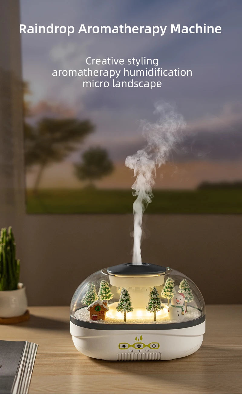 Snowman Landscape Aroma Humidifier with Colorful Light Essential Oil Diffuser Ultrasonic Raindrop Air Humidifier for Home Office