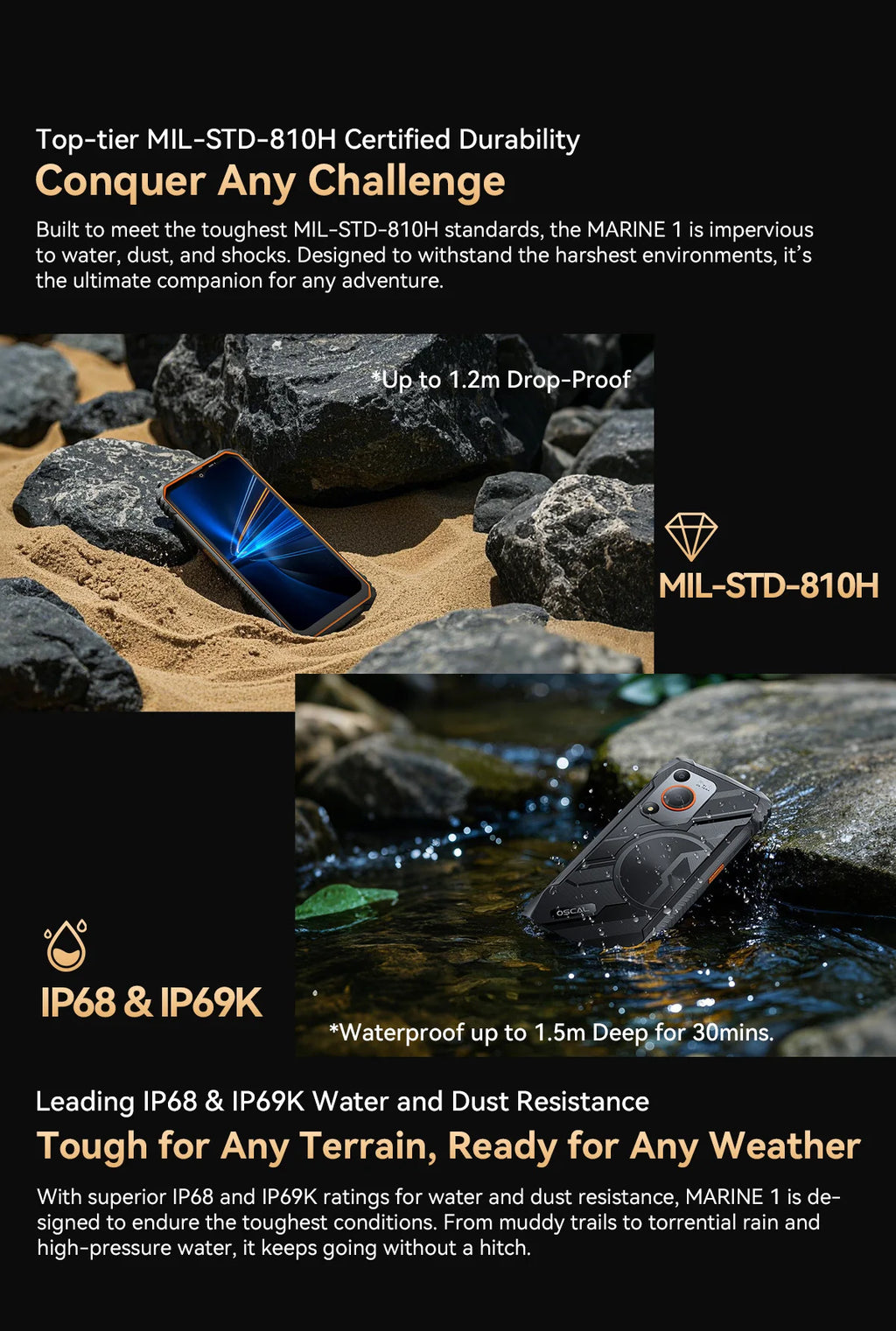 Oscal MARINE 1 Outdoor Smartphone 6.56 inch HD+ Display Unisoc T615 Android 15 Rugged Phone 4GB+128GB, 5100mAh, NFC Mobile Phone