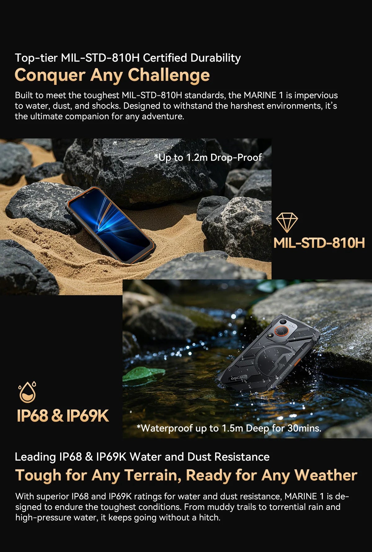 Oscal MARINE 1 Outdoor Smartphone 6.56 inch HD+ Display Unisoc T615 Android 15 Rugged Phone 4GB+128GB, 5100mAh, NFC Mobile Phone