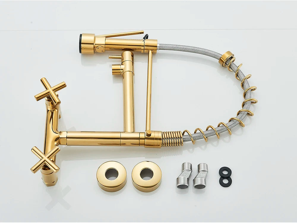 Gold Black Kitchen Faucet Wall Mount Pull Down Tap Vessel Sink Hot Cold Water Mixer Tap Spring Dual Swivel Spouts Sink Crane