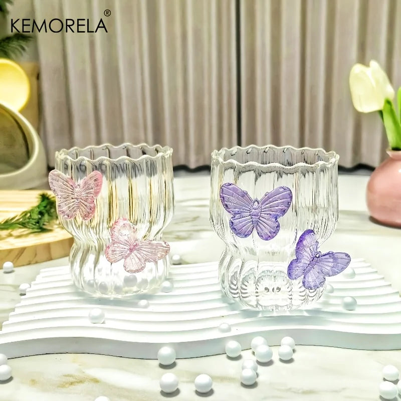 Handmade 3D Butterfly Glass Coffee Cup Elegant Striped Design with Cute Butterfly Pattern Reusable Comfortable Handle Gift