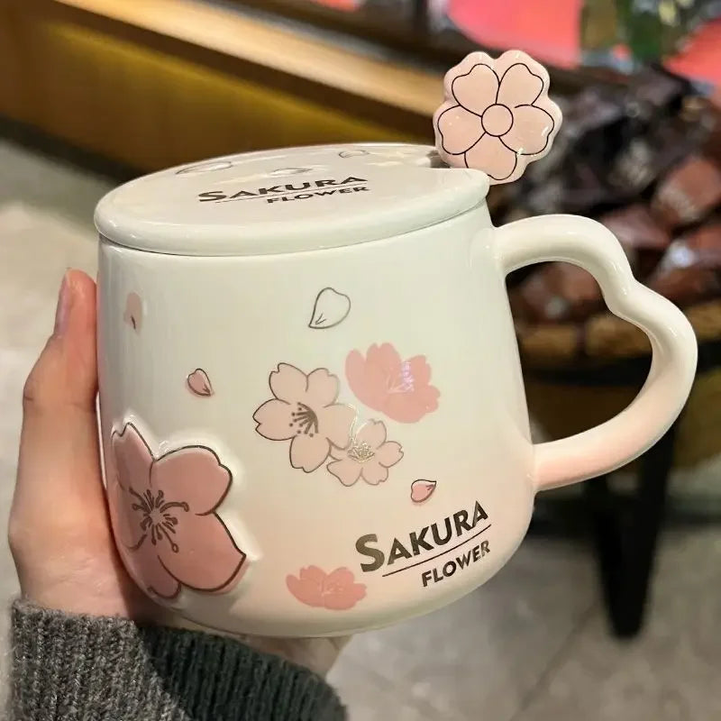 New High Beauty Mug with Lid Spoon Sakura Powder Household Lovely Breakfast Lovers Milk Coffee Mug Ceramic Mug