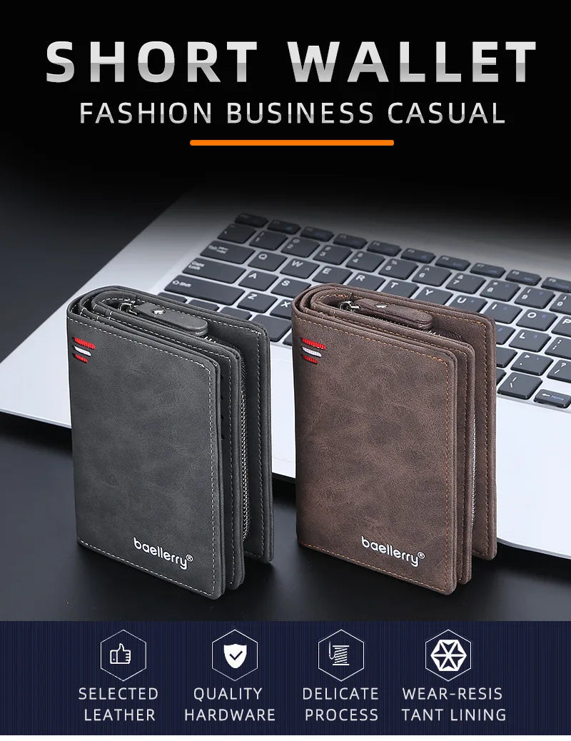 Baellerry Men PU Leather short Wallet With Zipper Coin Pocket Vintage Big Capacity Male Short Money Purse Card Holder