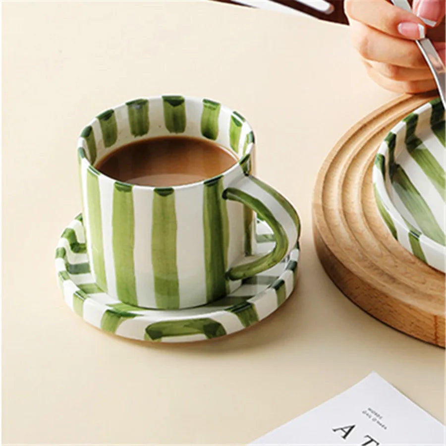 Minimalist striped hand drawn cup and plate set, ceramic milk coffee cup, 280ml/9.5oz afternoon tea coffee cup, household drinki