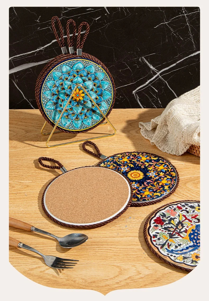 HeMu Bohemian Style Ceramic Pot Holders,Mandala Pattern Heat Resistant Trivets,Hanging Kitchen Coasters with Rope for Hot Dishes