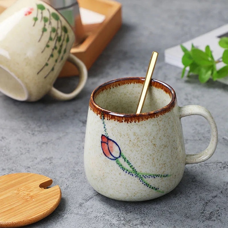 YWDL 350ml Japanese Ceramic Coffee Mug With Lid And Spoon Milk Breakfast Cups Home Heat-resistant Teacup Tumbler Water Mug Gift