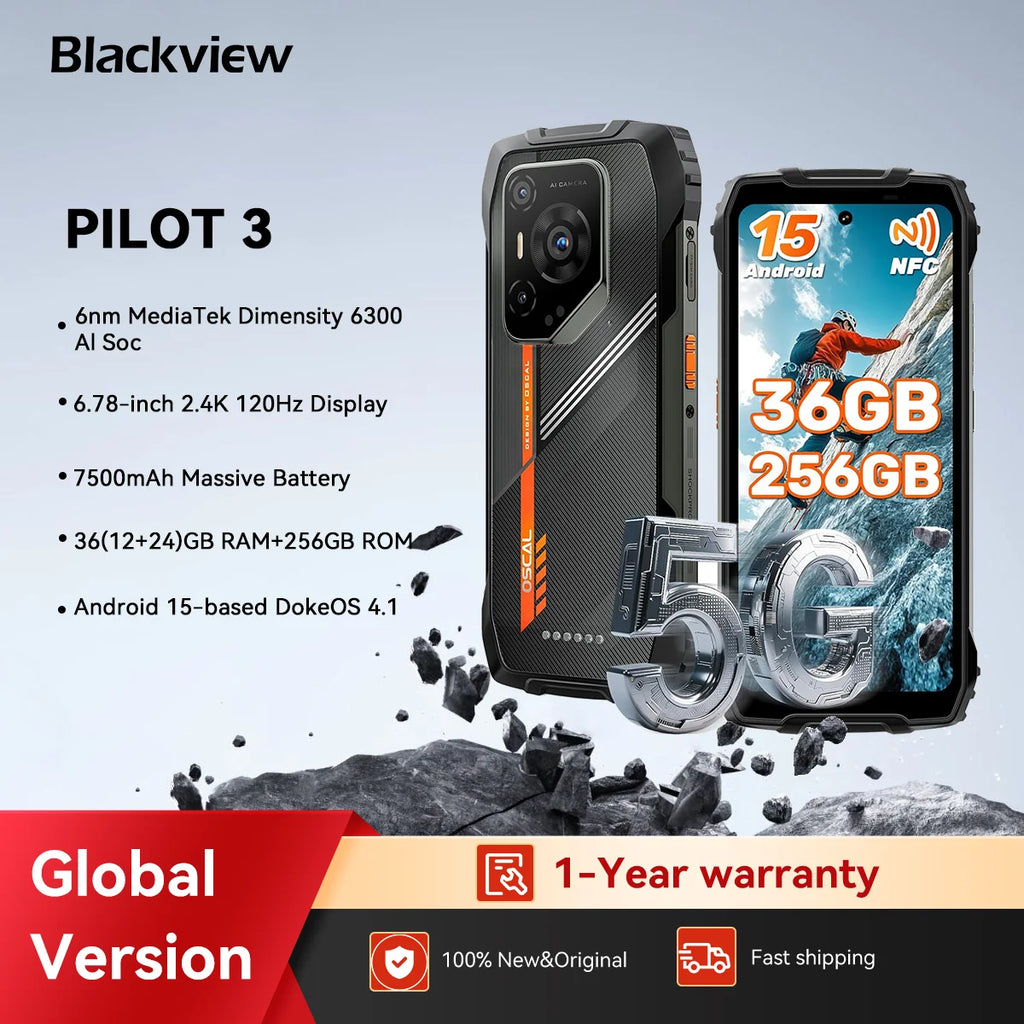 OSCAL PILOT 3 5G AI Rugged Smartphone, MTK Dimensity 6300, 6.78" FHD 2.4K Display 120Hz, 36(12+24) GB RAM 256GB/2TB ROM, 7500Amh
