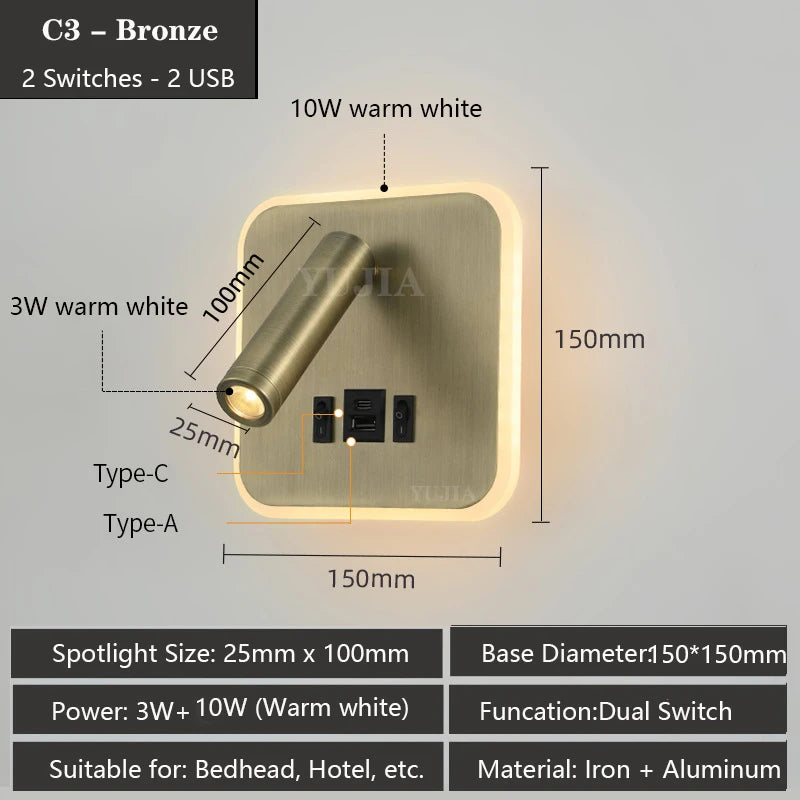 Contemporary Multifunctional LED Wall Sconce with Switch Modern Adjustable Reading Lamp USB Charging Ports for Bedrooms Offices