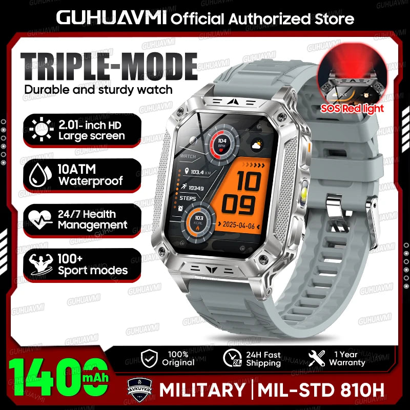 2026 Outdoors Durable Men Sports Smart Watch 1400mAh Battery LED Flashlight IP69K Waterproof Bluetooth Call Military Smartwatchs