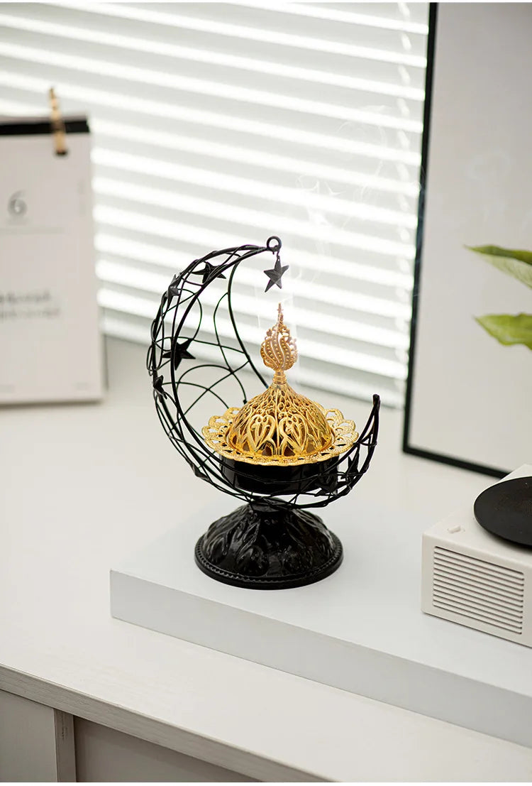 Middle Eastern Hand-held Crescent Metal Incense Burner Golden Living Room Tabletop Incense Burners Arabic Ornament